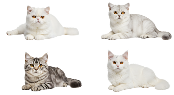 Lying Cats Different Breeds Isolated on White Background