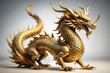 Intricate Golden Chinese Dragon Sculpture With Scaled Body And Powerful Horns Traditional Mythical Creature And Symbol Of Luck, dragon, golden dragon, chinese dragon, gold, sculpture, statue, mythical