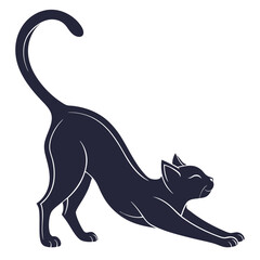 Silhouette of Elegant Black Cat Stretching, Graceful Feline in Profile on White