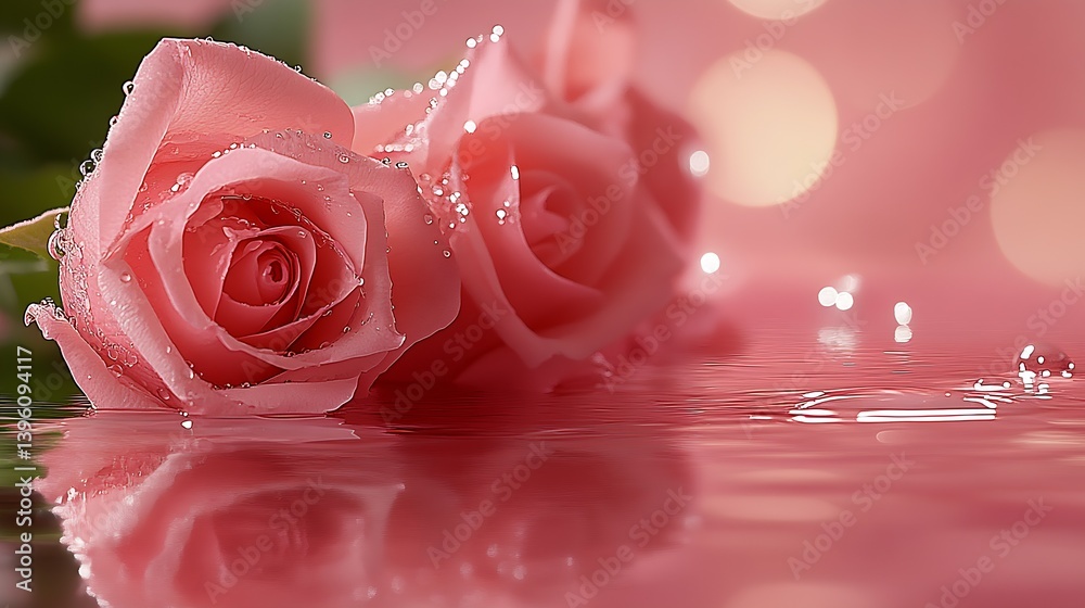 Aufkleber beautiful pink rose with water droplets reflecting in a calm pool showcasing elegance and simplicity
