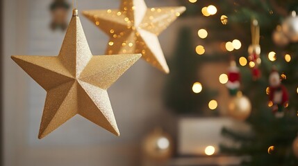 Christmas star decorations Elegant hanging golden stars twinkling a softly lit room creating a magical holiday ambiance