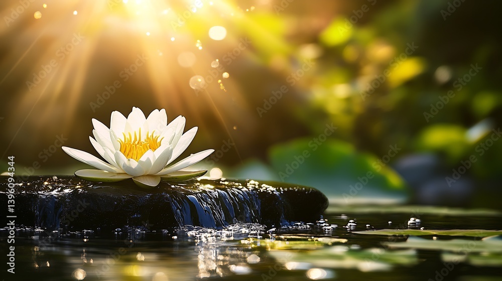 Poster stunning white water lily on a stone surrounded by gentle water streams and soft sunlight reflection