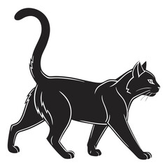 Black Feline Walking Silhouette, Strolling Cat Illustration, Sleek Animal Graphics