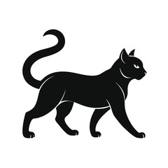 Elegant Black Cat Silhouette Isolated on White Background. Walking, Side View