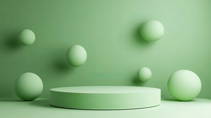 A light green studio setup with a round platform and floating spheres for product presentation display