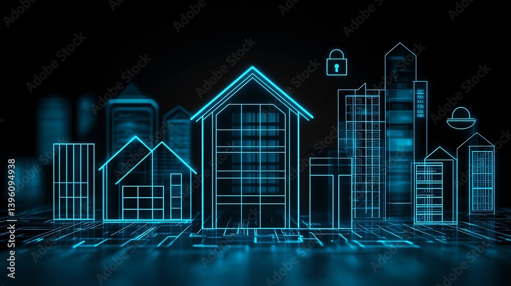 Poster futuristic cityscape with glowing blue outlines of various homes and buildings in a digital environm