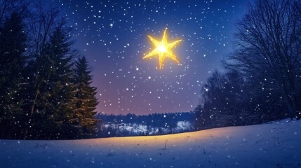 Christmas star shining brightly the night sky A celestial Christmas star illuminating the snowy landscape below