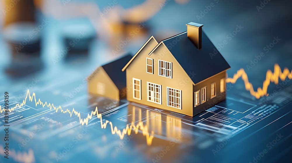 Poster Stylish 3D Representation of a House with Financial Graphs and Coins for Real Estate Investment : Generative AI