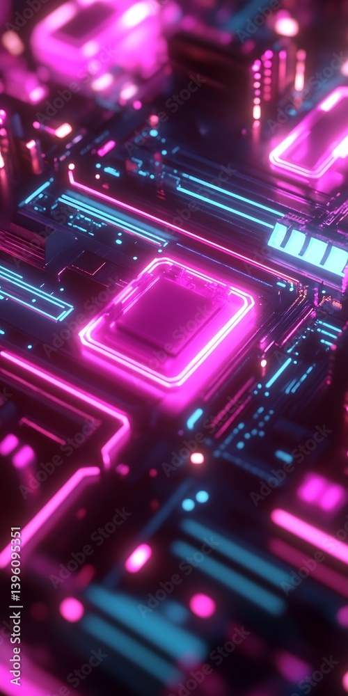Poster High-tech neon circuit board with glowing components showcasing future tech design and innovation : Generative AI