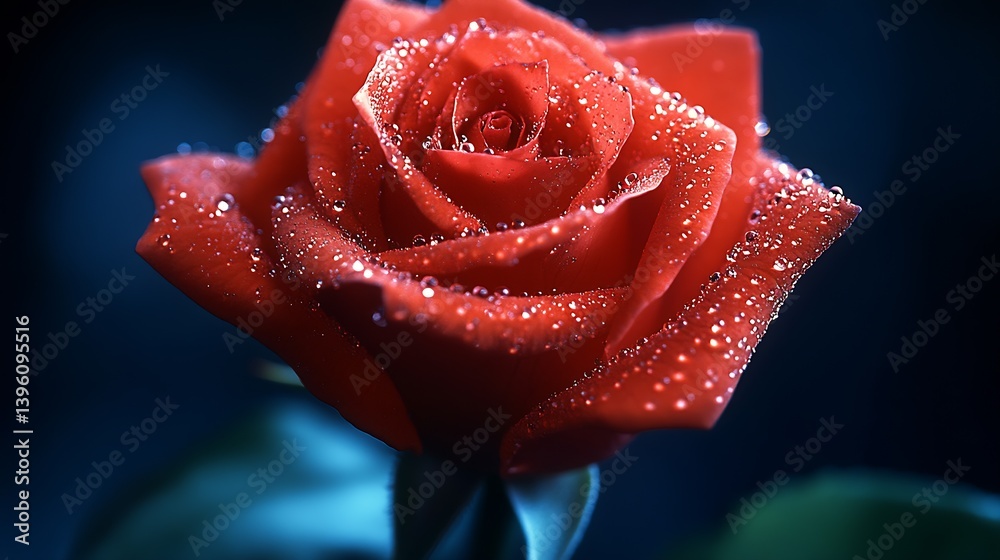 Aufkleber Stunning close-up of a vibrant red rose adorned with shimmering droplets in soft focus background : Generative AI
