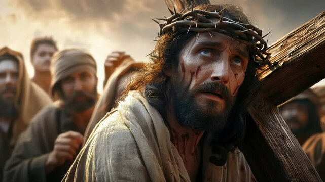 Jesus Christ's crucifixion: Golgotha ascent, divine look, final plea, spiritual surrender, heavenly communication, religious imagery, biblical truth, faith journey, holy sacrifice, theology focus.