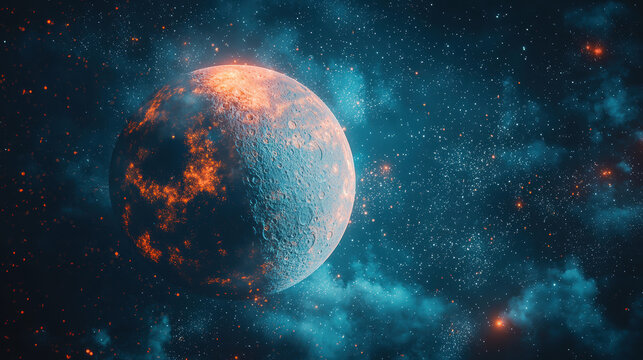 A fiery orange and teal exoplanet glows intensely amidst a cosmic nebula of stars and swirling gases in deep space.