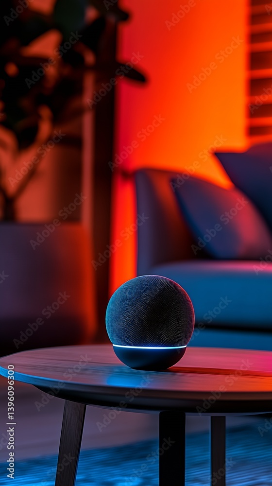 Poster elegant smart speaker with soft lighting placed on a table in a modern living area : generative ai