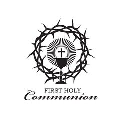 black holy communion icon with chalice and thorn crown isolated on white background