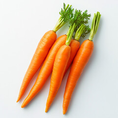 Fresh Whole Carrots with Green Tops on White Background