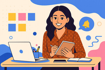 Cheerful Woman Working at Her Desk with Notebook and Laptop