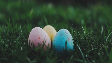 Three colorful eggs nestled in green grass, featuring one blue and one pink egg.