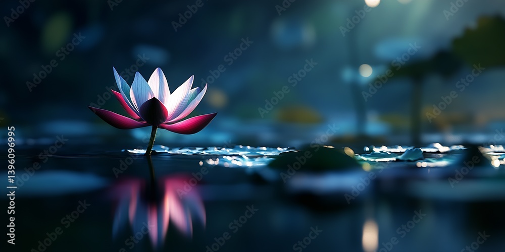 Aufkleber an elegant lotus flower rising above tranquil waters bathed in soft light creating a peaceful atmosp