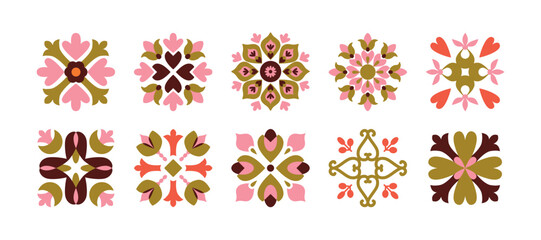 Retro floral geometric ornament. Oriental tile element, pattern. Mosaic art. Retro vintage aesthetic. Folk ethnic motif. Vector illustration.