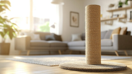 Cat scratching post in sunny living room setting  