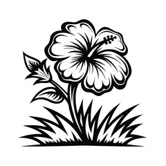 Hibiscus Flower in Black and White, Silhouette Flower with Leaves and Grass Clipart