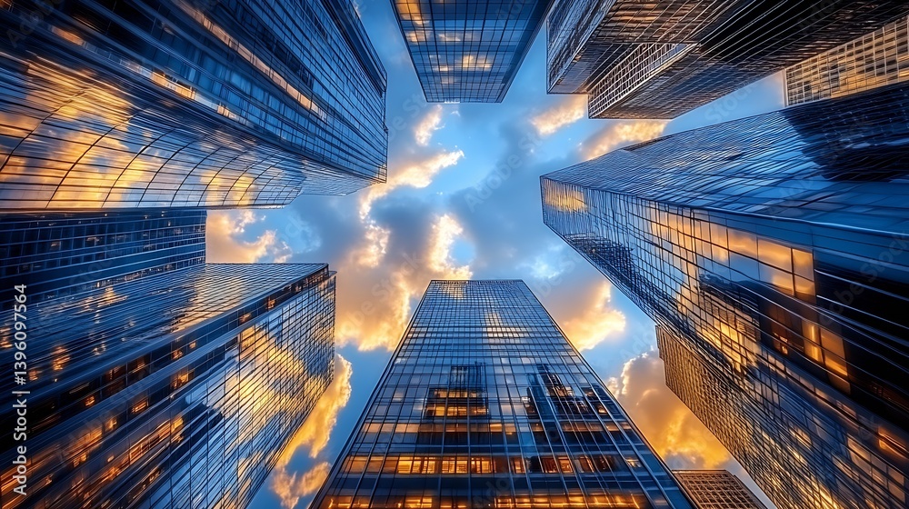 Aufkleber dynamic cityscape view of skyscrapers against dramatic cloudy sky : generative ai