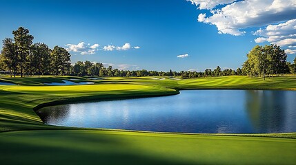 Exquisite Golf Course Setting with Generous Fairways and Clear Waters Surrounded by Greenery Under a Bright Sky : Generative AI