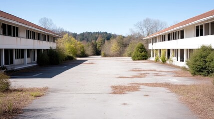 Empty, abandoned motel complex with large parking lot.  Overgrown landscaping, faded paint, and a deserted feel.  Empty buildings under a clear blue sky