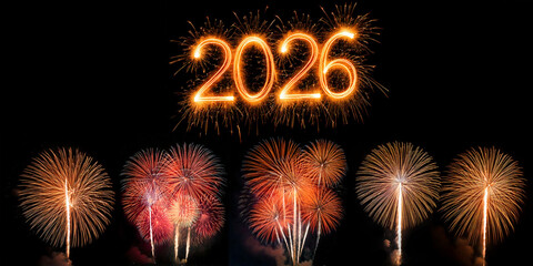 New Year's rockets with tail and explosion light up the night sky on New Year's Eve 2026