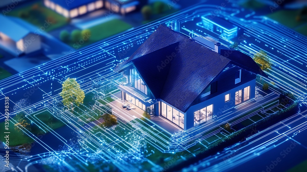 Poster Modern house feature with glowing blue lines highlighting its unique design and spacious environment in a digital perspective : Generative AI