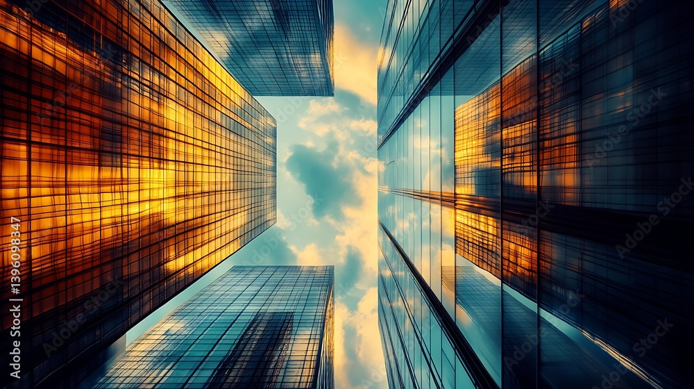 Poster impressive view of modern glass skyscrapers capturing the beauty of a dynamic sky : generative ai