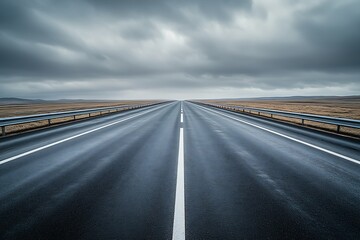 Naklejka premium Winding Asphalt Highway Showing Infinite Journey Beneath Weathered Skies : Generative AI