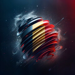Swirling abstract Romania flag against a dark cosmic digital background