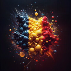 Abstract digital cluster of Romania flag balloons in vibrant colors on dark background