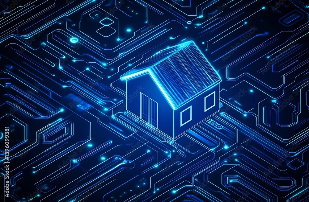 Aufkleber advanced house logo depicted within vibrant blue circuit framework indicating a leap into smart livi