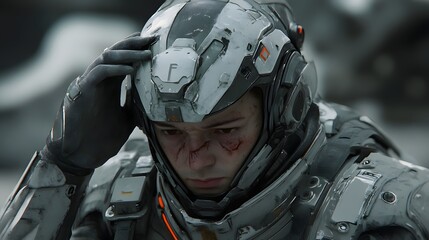 Futuristic Warrior's Weary Moment: A futuristic soldier, clad in high-tech armor, pauses amidst a battle-scarred landscape.