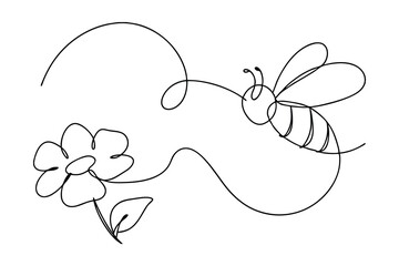 One Line Art Of Bee Flying Toward Flower Spring Minimalist Illustration