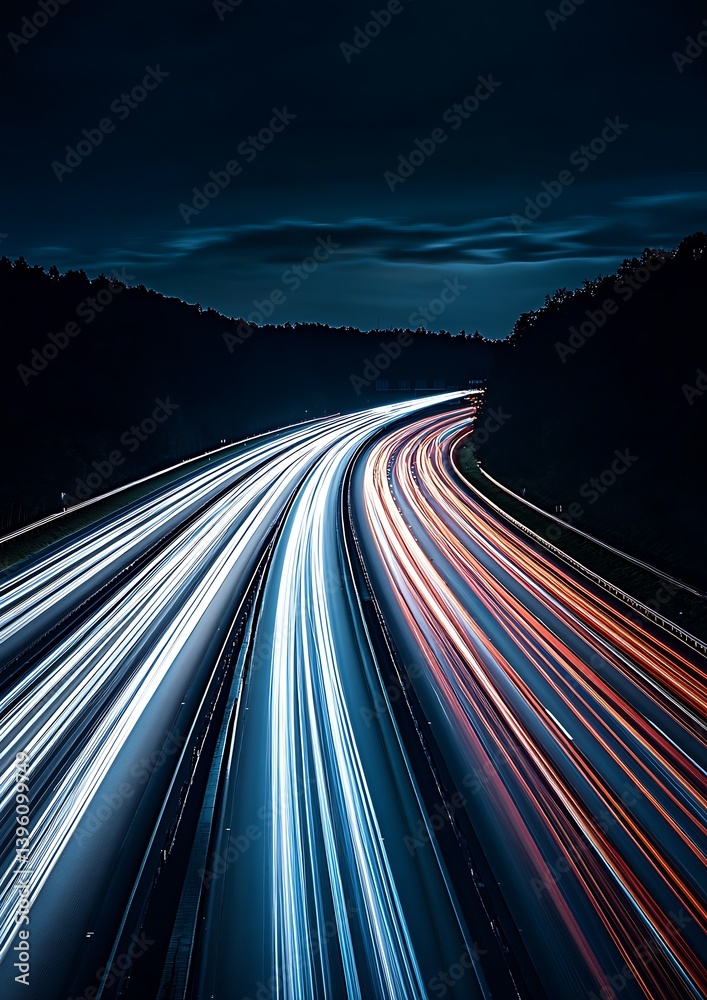 Poster Dramatic nighttime scene of flowing car lights on a winding highway creating a dynamic urban experience : Generative AI