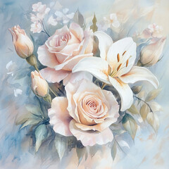 Delicate bouquet of roses and lilies in soft pastel colors  
