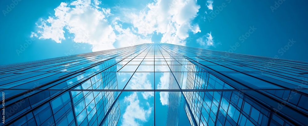 Poster Majestic view of tall skyscraper glass buildings reaching towards the bright blue sky with cloud reflections enhancing the image : Generative AI