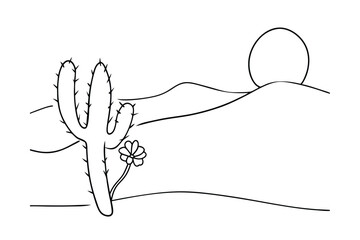 Simple Desert Landscape Illustration Cactus Flower And Rising Sun Black And White