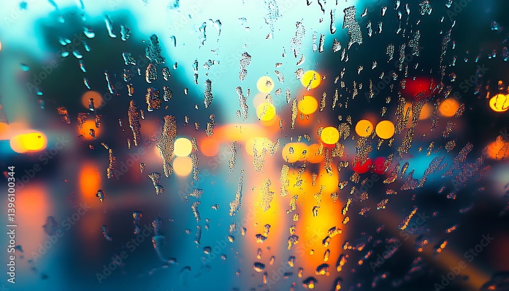 Aufkleber dreamy raindrops on window capturing colorful nighttime city vibes : generative ai