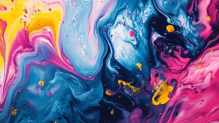 Fototapeta premium Abstract art featuring swirling patterns of blue pink and yellow paint creating a fluid design