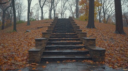 Autumn park stairs in the rain