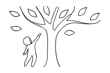 Minimalist Outline Illustration Of A Child Reaching For A Tree With Leaves