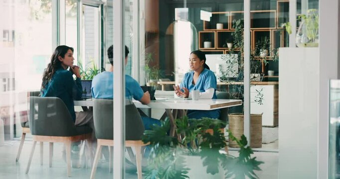 People, doctors and meeting with planning, healthcare and conversation for hospital schedule. Employees, medical and professional in clinic, discussion and help with research and feedback for intern