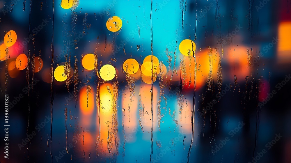 Poster Gorgeous urban view through a rain soaked window displaying colorful bokeh lights in the city : Generative AI