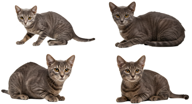 Gray Striped Kitten Posing on White Background in Four Different Positions