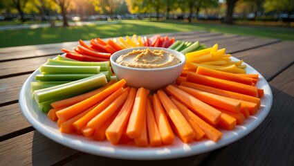 A colorful plate of fresh veggies with a creamy dip. Happy snacking!