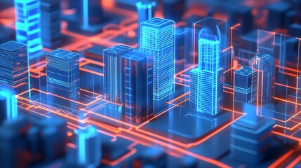 Futuristic cityscape featuring glowing skyscrapers and vibrant neon lines illuminating the urban grid : Generative AI